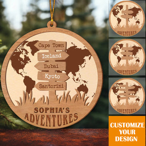 Personalized Travel Adventures 2 Layer Wood Ornament, Gift For Travel Lovers