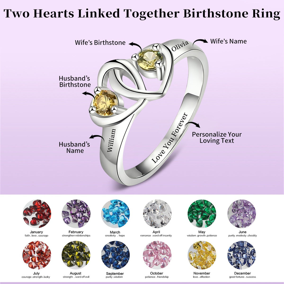 Personalized Two Hearts Birthstone Ring - Gift For Couple