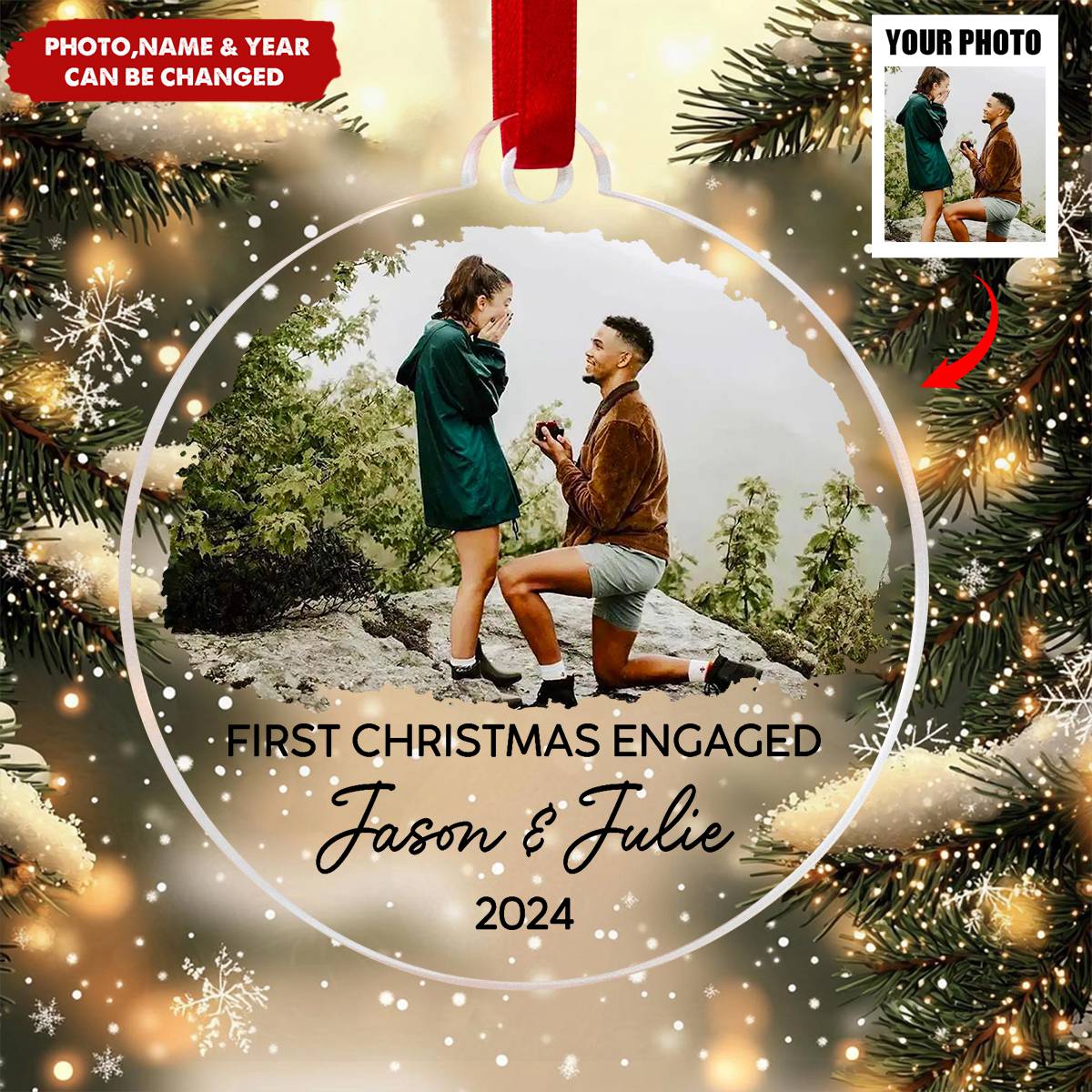 Personalized Our First Christmas Engaged Ornament, Custom Photo Ornament