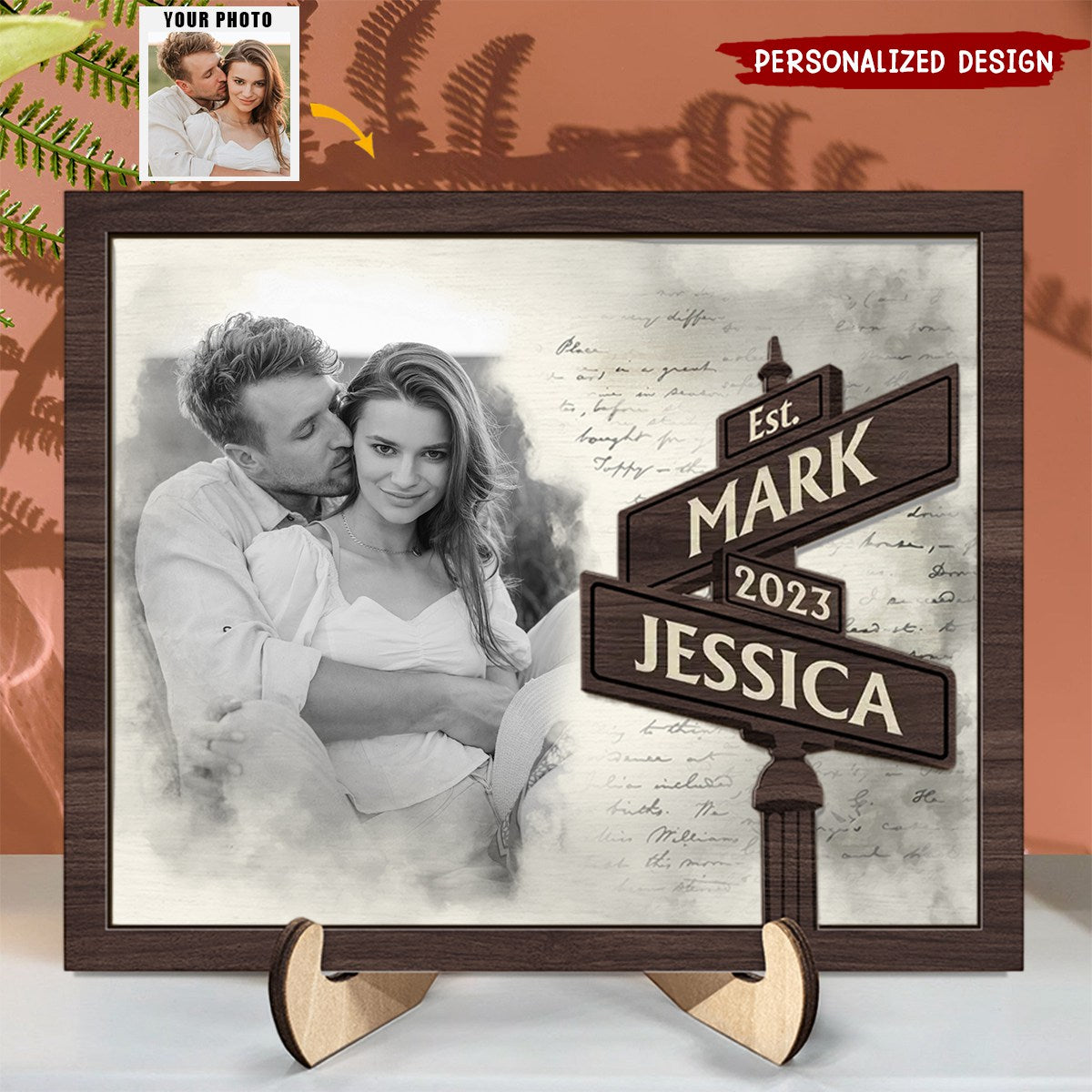 Custom Photo Anniversary Gift - Personalized 2-Layered Wooden Plaque With Stand