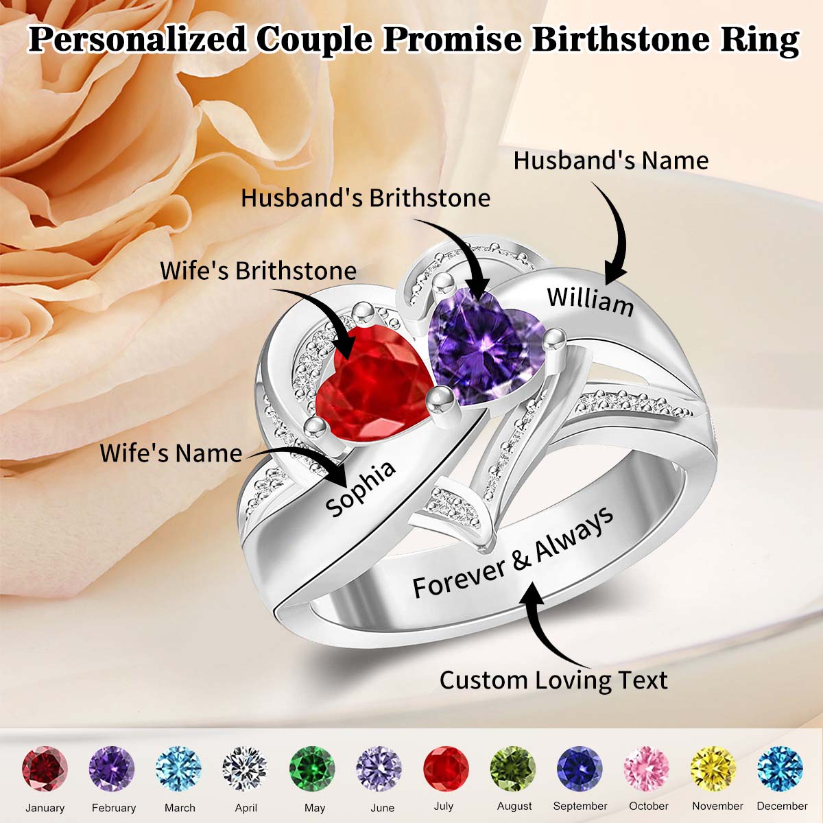 Personalized Couple Promise Heart Birthstones Ring