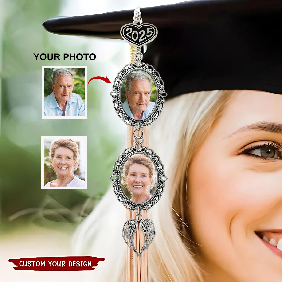 Personalized Graduation Tassel Photo&Text Charm with Angel Wing