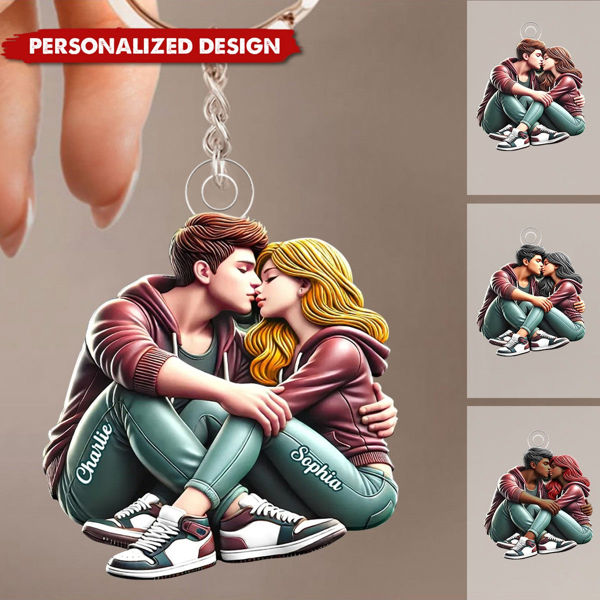 3D Effect Couple Sitting Kissing Personalized Acrylic Keychain