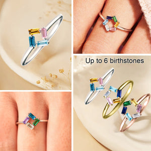 Personalized Baguette Grandma Mom 3-6 Birthstones Family 925 Silver Ring