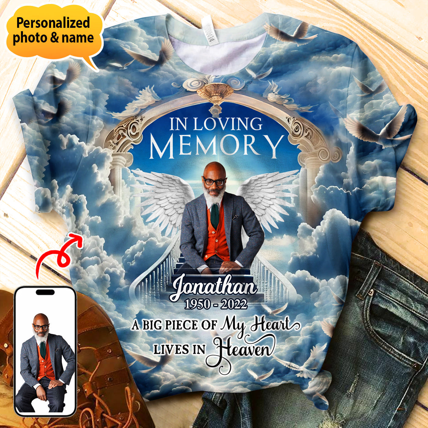 Memorial Custom Photo Angel Wings In Heaven, In Loving Memory Personalized 3D T-shirt