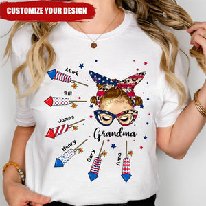 4th of July Messy Bun Grandma Mom Firework Kids Personalized Shirt