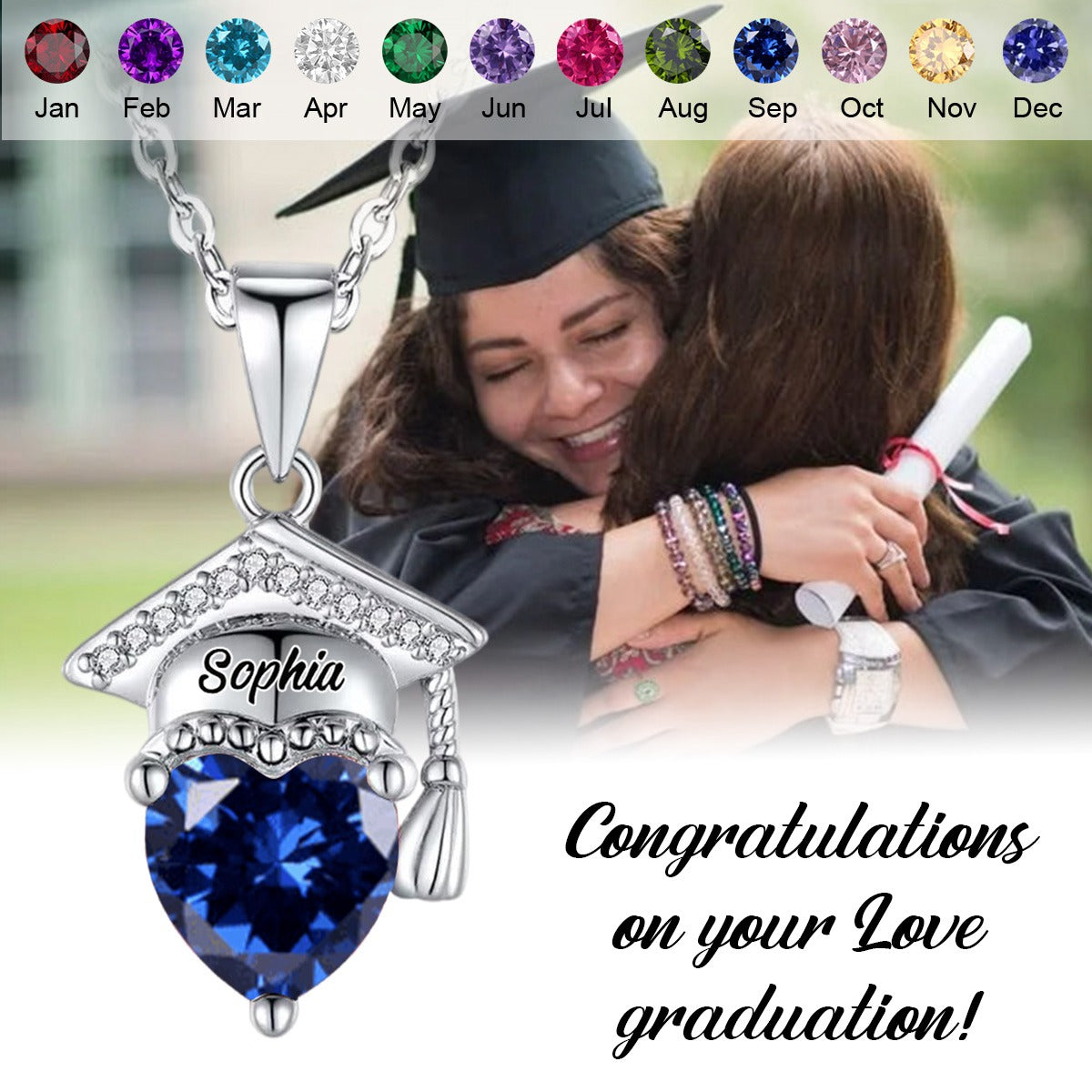 Graduation Gift for Class of 2025 Graduates-Personalized Graduation Cap Heart Birthstone Necklace