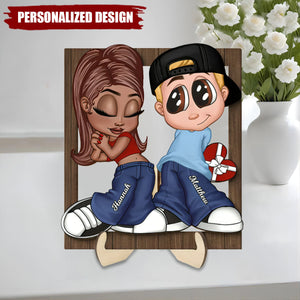 Y2K Couple Frame Personalized 2-layer Wooden Plaque, Gift for Couple