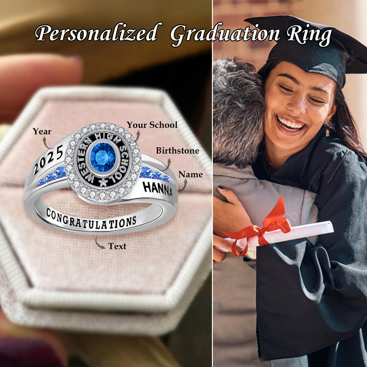 Personalized Engraved Birthstone Graduation Ring Gift for Graduates