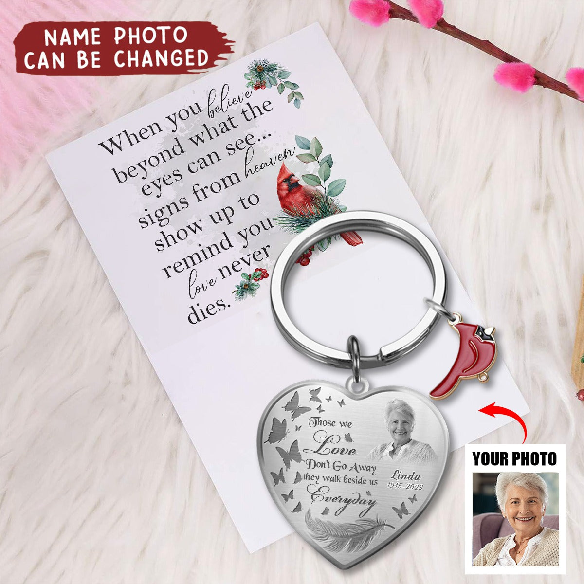 Personalized Cardinal Heart Memorial Stainless Steel Keychain