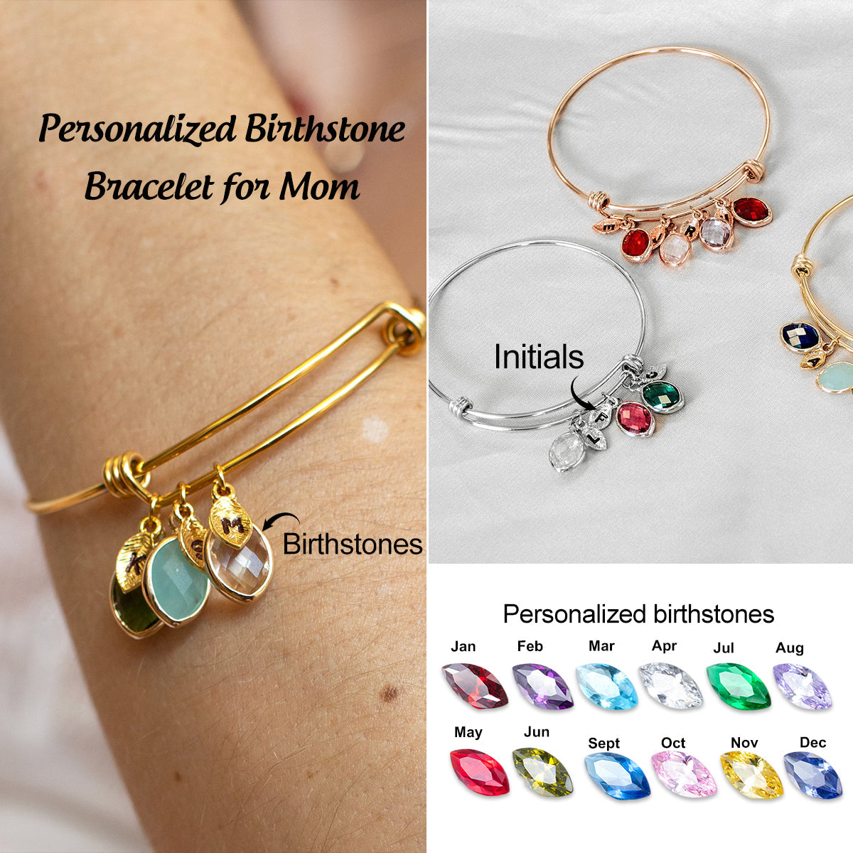 Personalized Initial Birthstone Bracelet For Mom Grandma