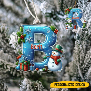 Personalized Christmas Snowman Ornament With Initials Of Last Name - A Gift For Children