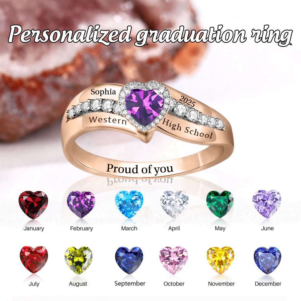 Personalized Birthstone Ring Class of 2025 Engraved Graduation Gift