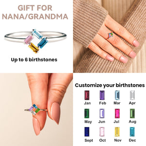 Personalized Baguette Grandma Mom 3-6 Birthstones Family 925 Silver Ring