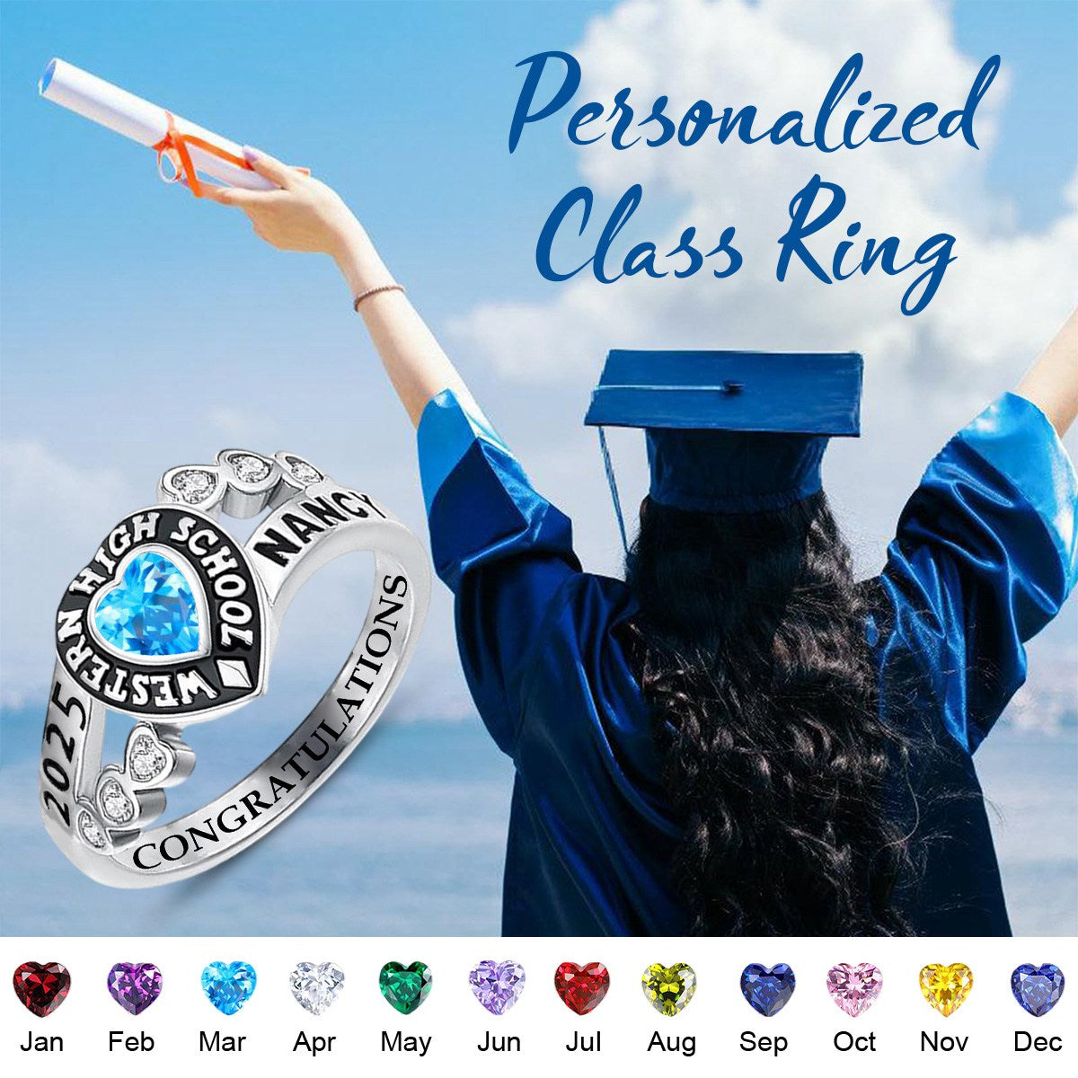 Personalized Birthstone Graduation Class Ring Gift for Graduates