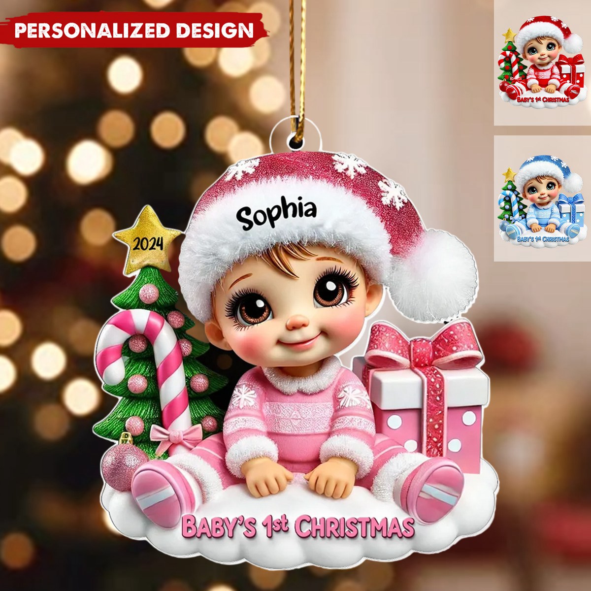 Cute Baby Sitting Personalized Acrylic Ornament, Baby's 1st Christmas