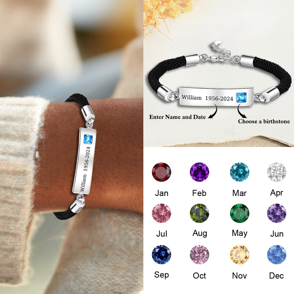 Personalized Memorial Name Birthstone Adjustable Bracelet