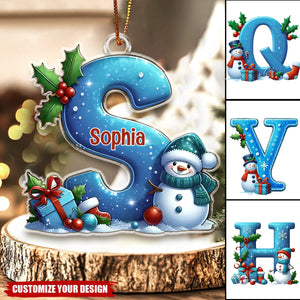 Personalized Christmas Snowman Ornament With Initials Of Last Name - A Gift For Children