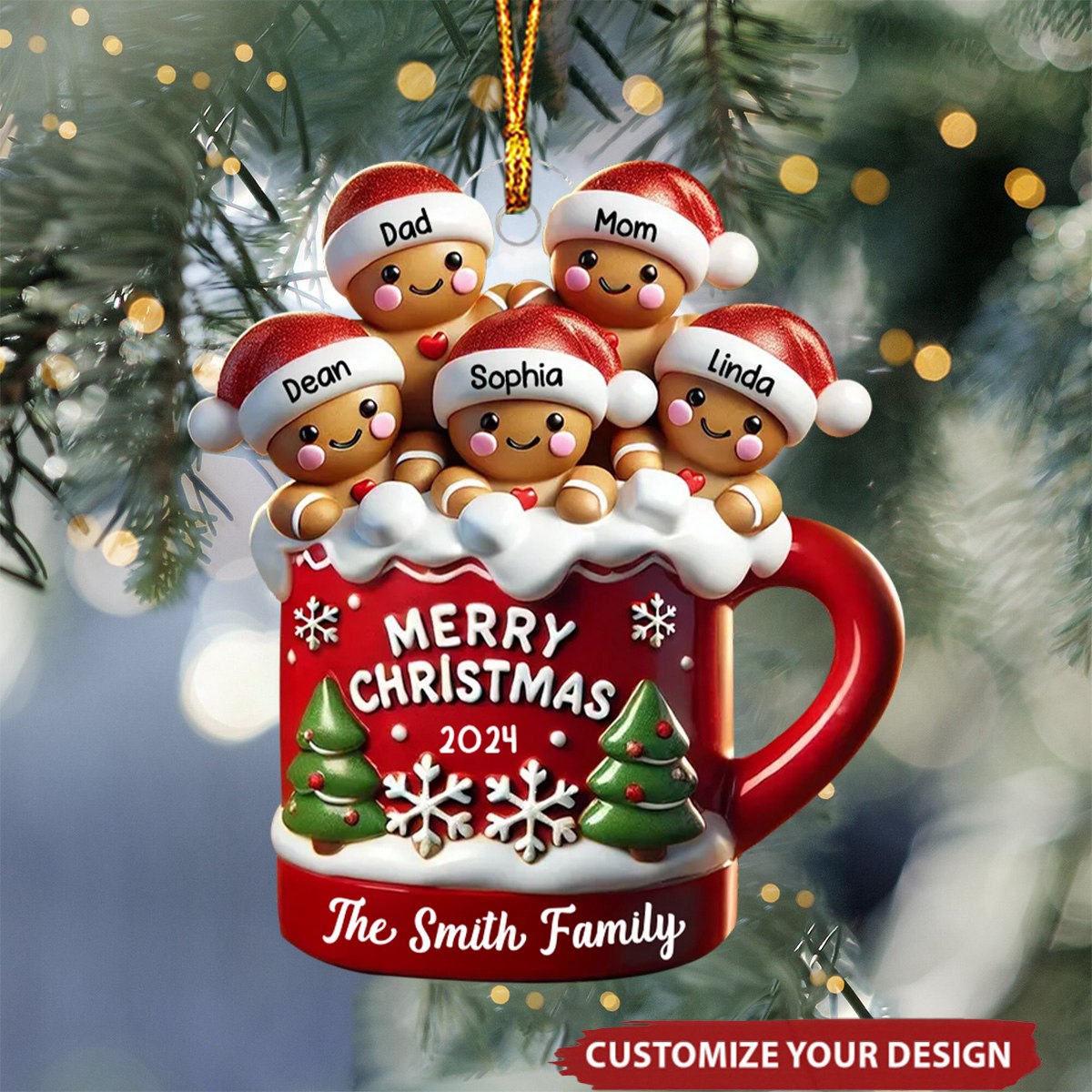 Gingerbread Family In Hot Cocoa Christmas Decor Personalized Acrylic Ornament