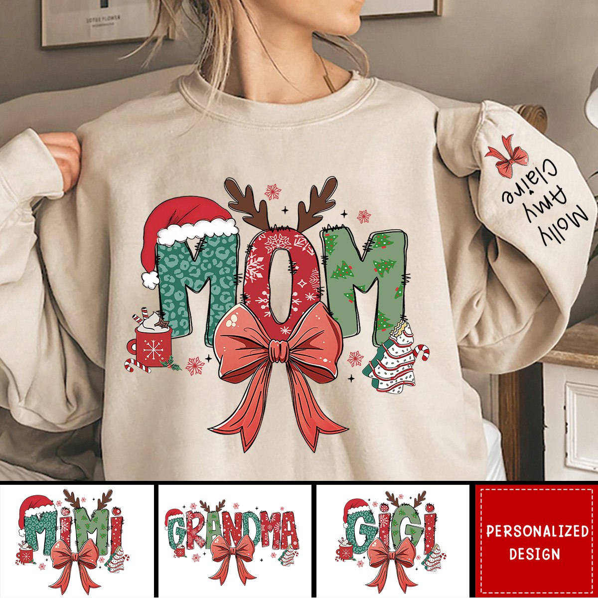 2024 Personalized Christmas Mom/Grandma Bow Sweatshirt