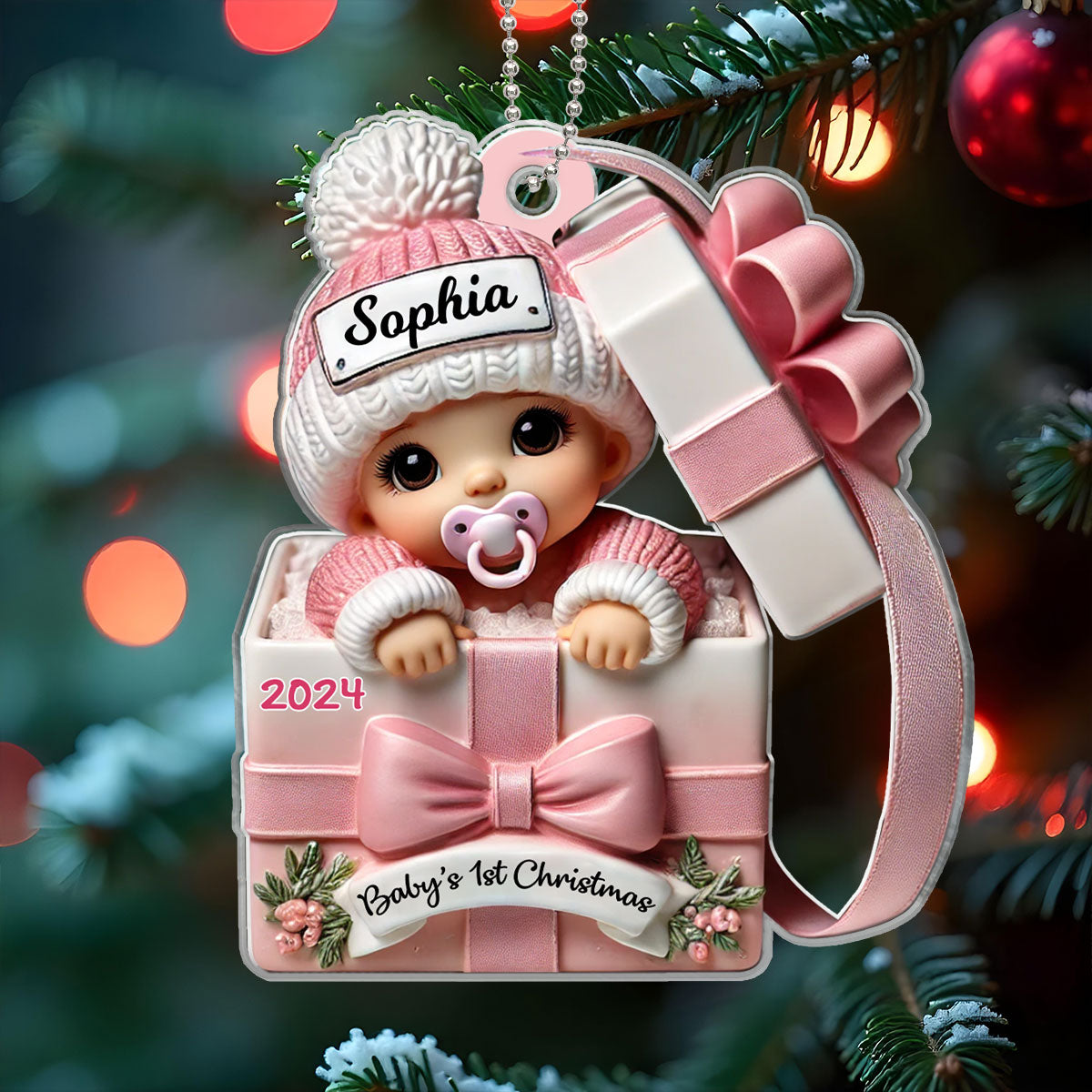 Baby Inside Gift Box 3D Effect Personalized Acrylic Ornament- Gift for Newborn