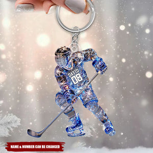 Sparkling Ice Hockey Player - Personalized Hockey Keychain