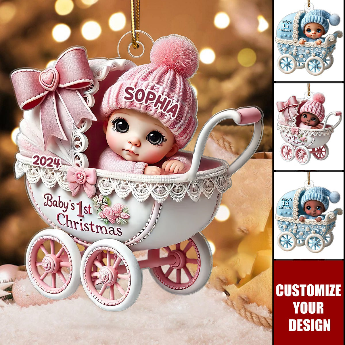 3D Effect Newborn Baby In Carriage Christmas Personalized Ornament