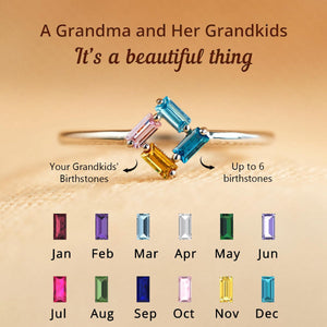 Personalized Baguette Grandma Mom 3-6 Birthstones Family 925 Silver Ring