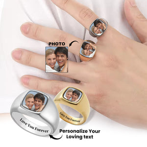 Love You Forever - Personalized Upload Photo Square Ring For Couple