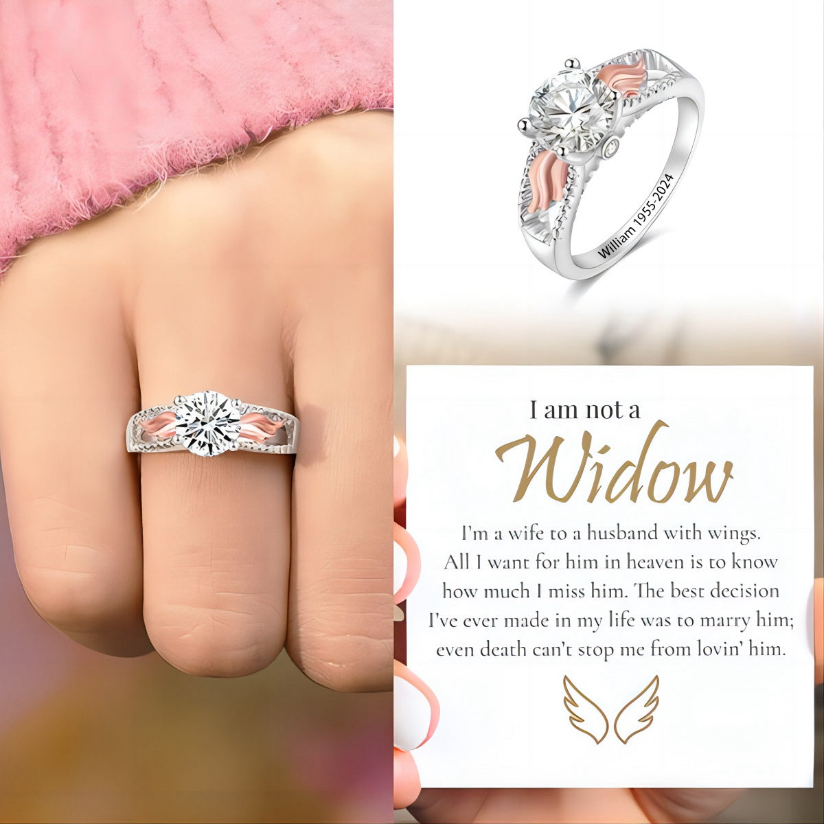 Personalized I Am Not A Widow Memorial Angel Wings Ring