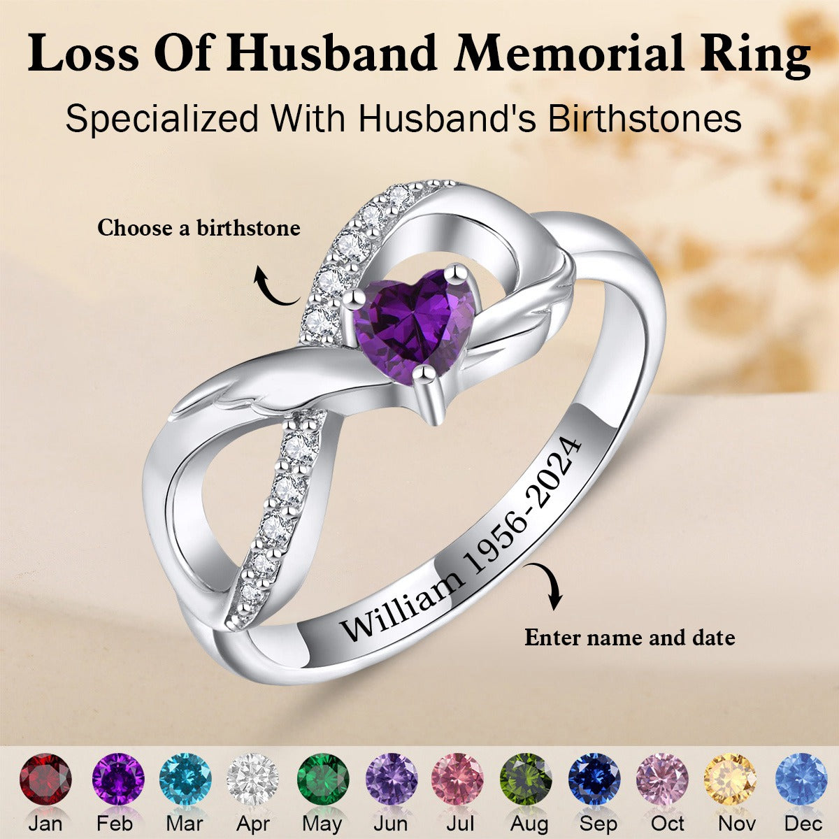 Personalized Memorial Angel Wings Heart Birthstone Ring