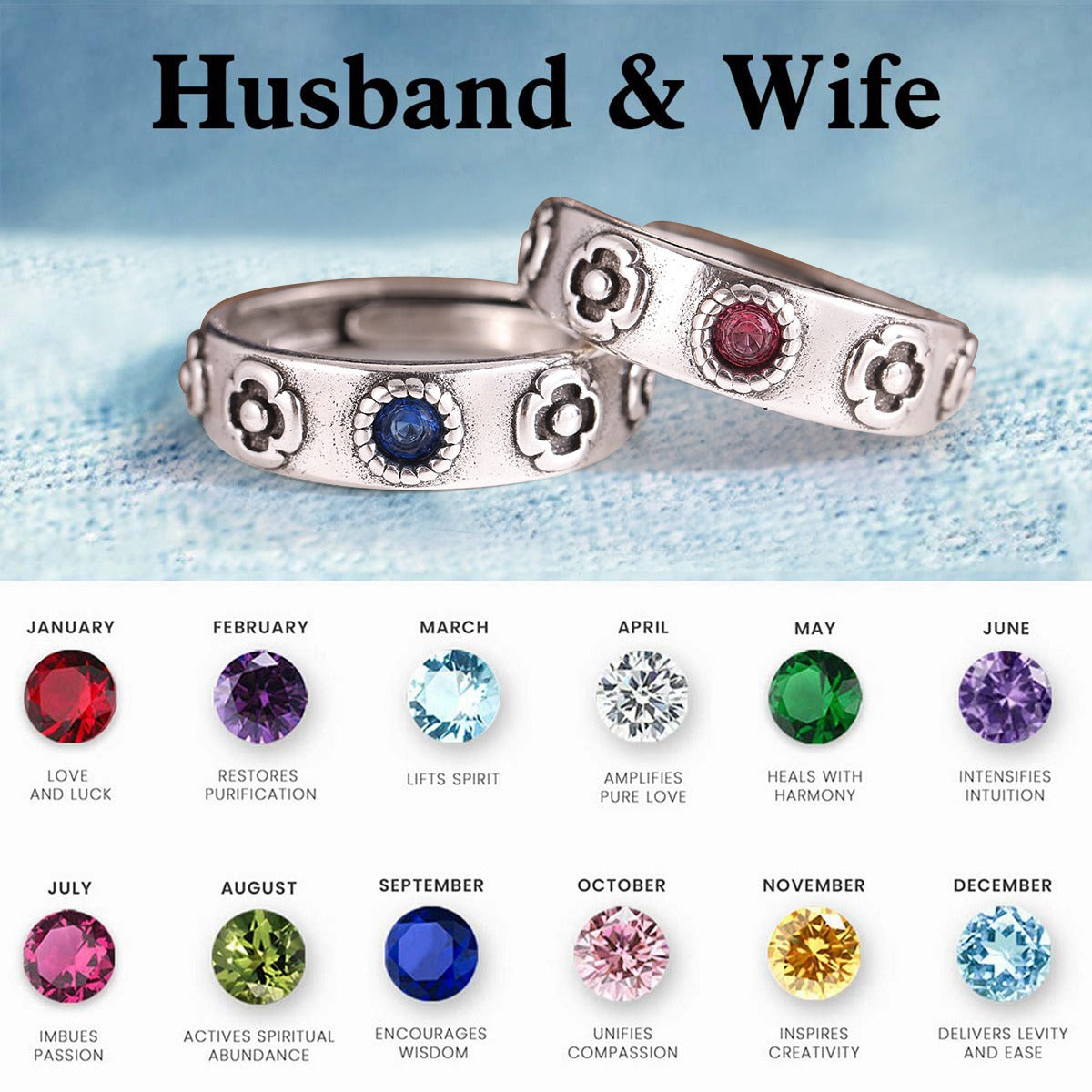 Personalized Adjustable Birthstones Sparkling Couple Ring