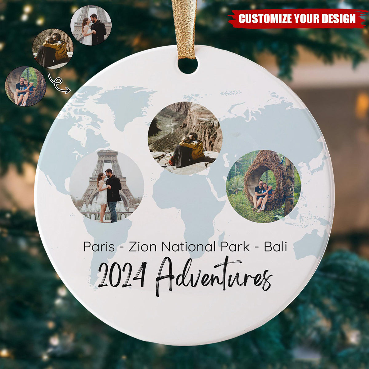 Personalized Travel Ornament with Custom Photos, Holiday Gift for Adventurers