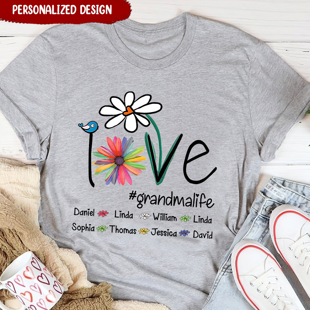 Personalized Love Grandma Life Flower And Grandkids T-shirt