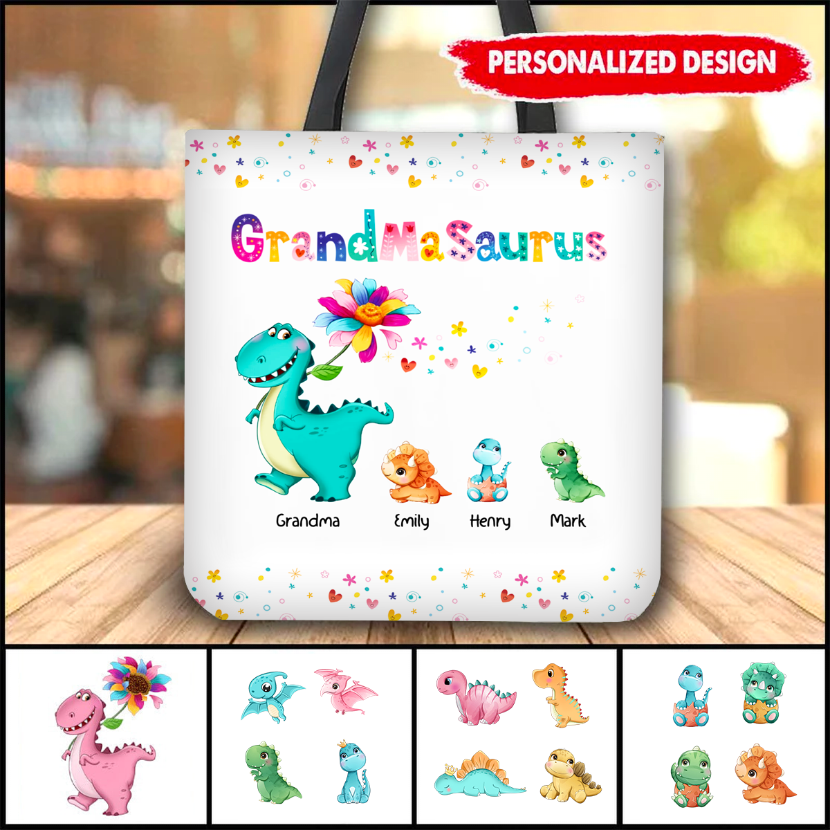 Personalized Grandmasaurus Colorful Flower Tote Bag