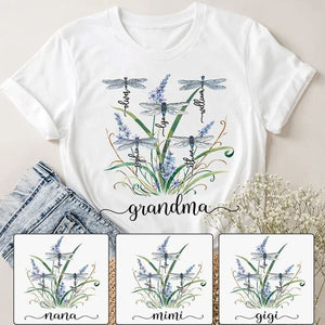 Personalized Dragonfly Grandma Mom with Grandkids T-shirt