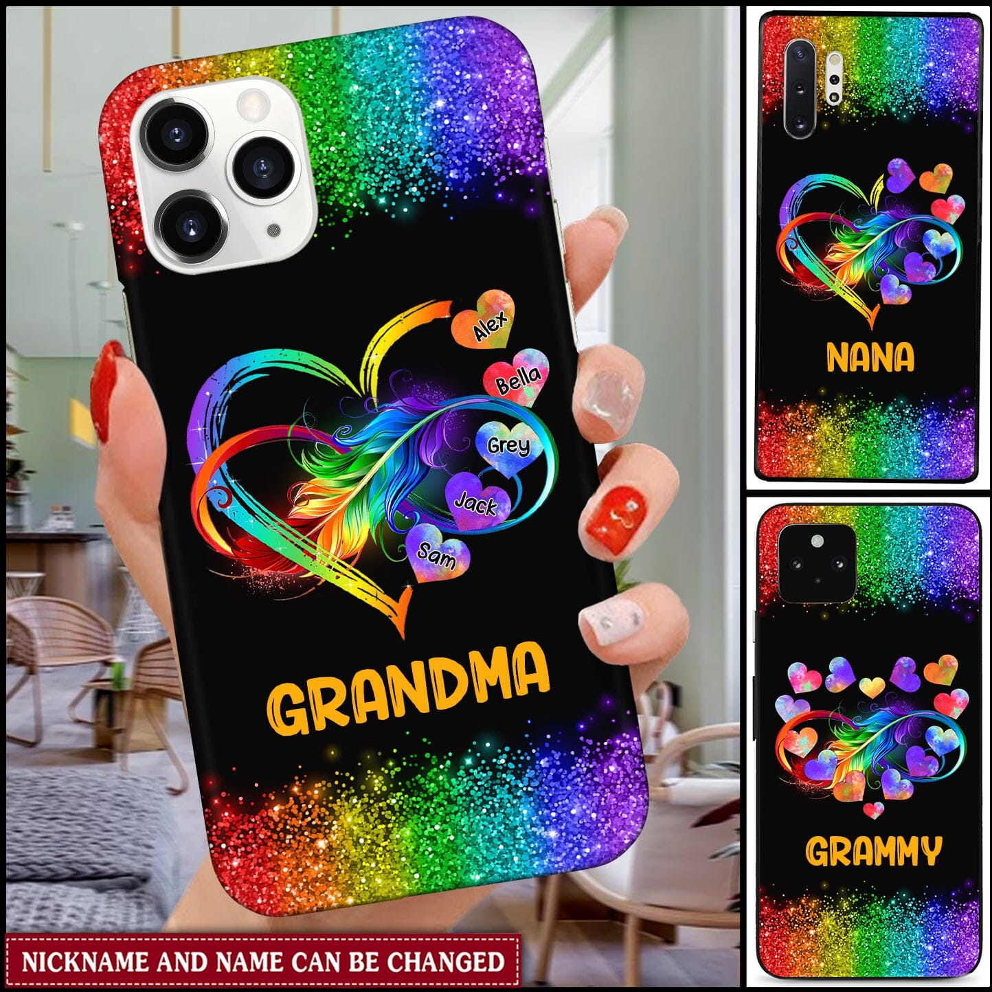 Customized Nana Mom Infinite Love Rainbow Heart Feather Phone Case