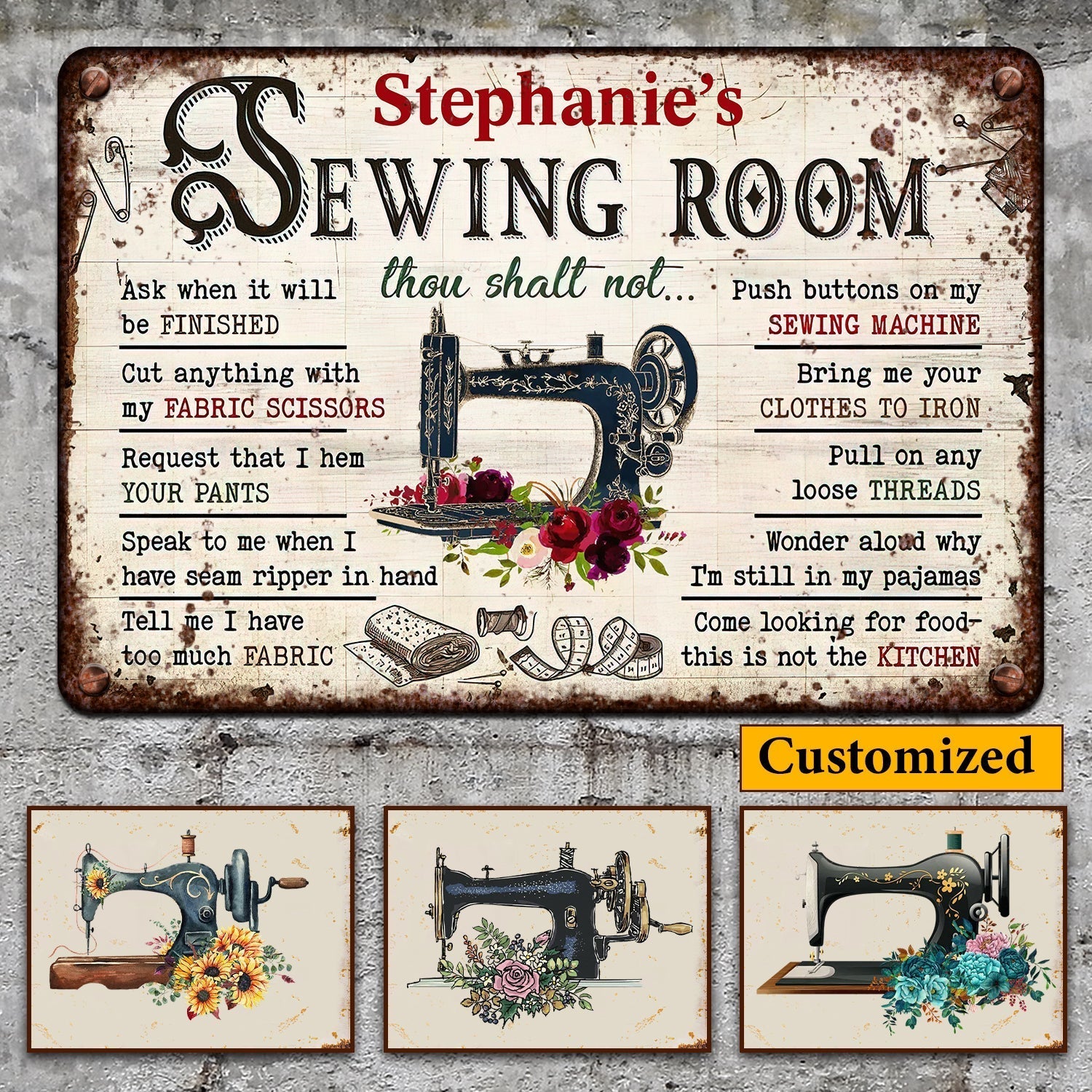 PERSONALIZED FAMILY SEWING ROOM RULES METAL SIGN