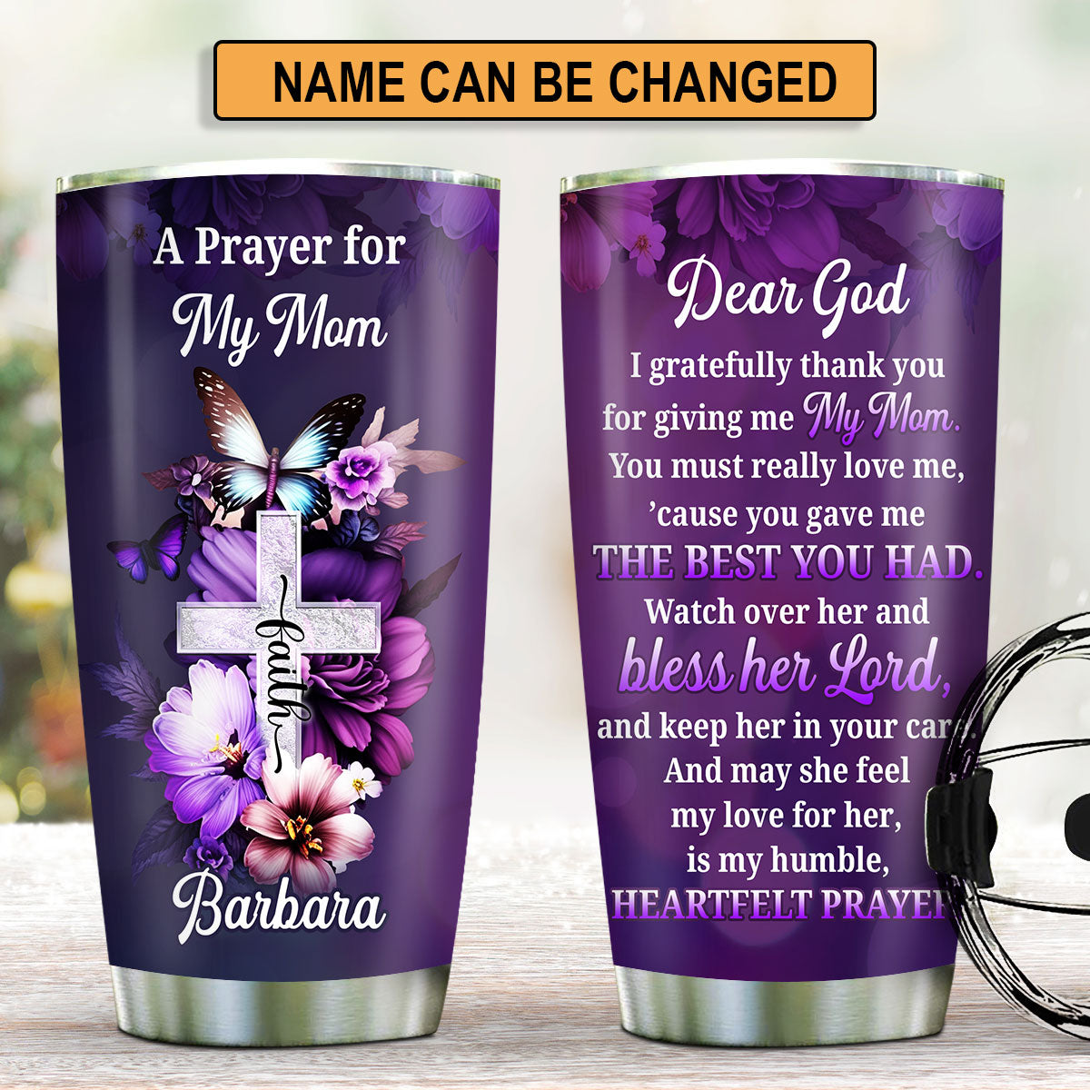 Personalized Cross Stainless Steel Tumbler 20oz | Thank God For Giving Me My Mom