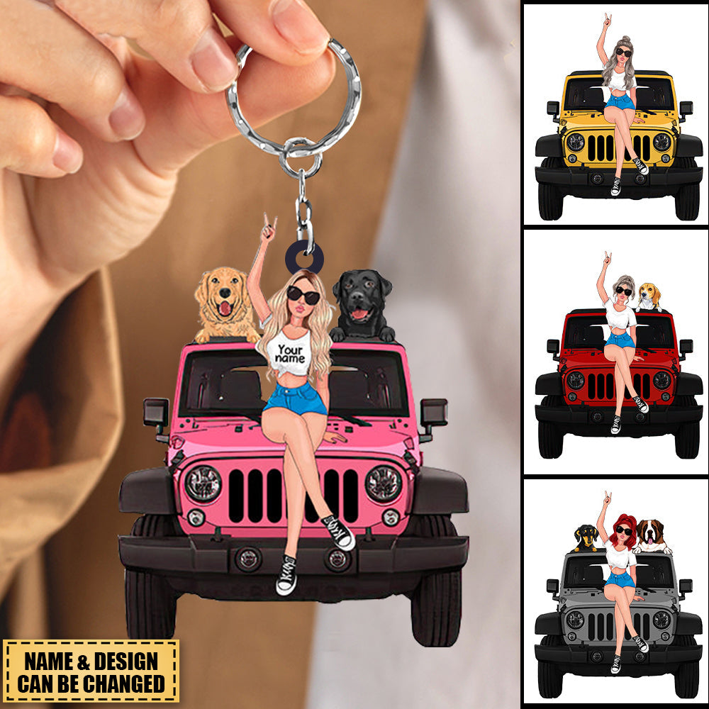 PERSONALIZED A GIRL WITH OFF-ROAD CAR AND DOG KEYCHAIN GIFT FOR JOURNEY GIRLS